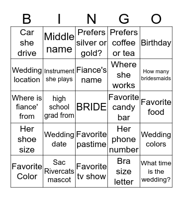 TRAYCEE'S BRIDAL SHOWER Bingo Card