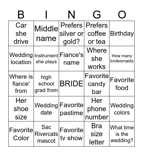 TRAYCEE'S BRIDAL SHOWER Bingo Card
