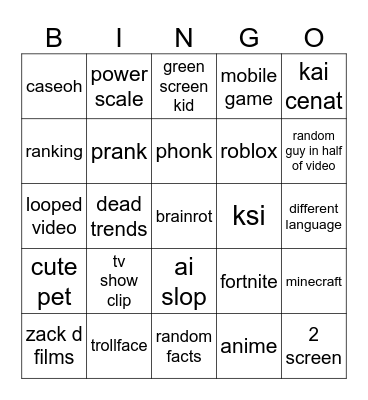 youtube shorts bingo Card