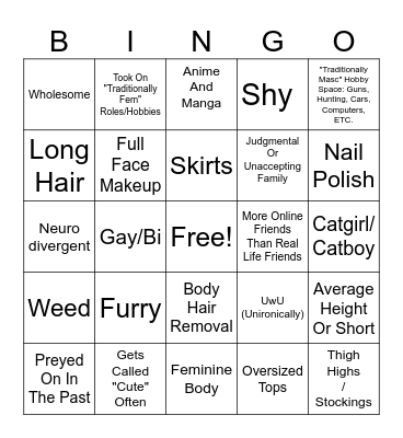 Femboy Bingo Card
