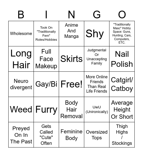 Femboy Bingo Card