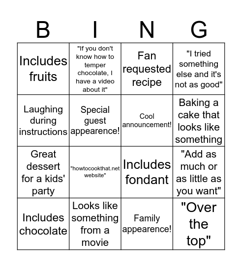 How To Cook That Bingo Card