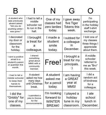 MMS Holiday Bingo      Name:                         A Bingo Card