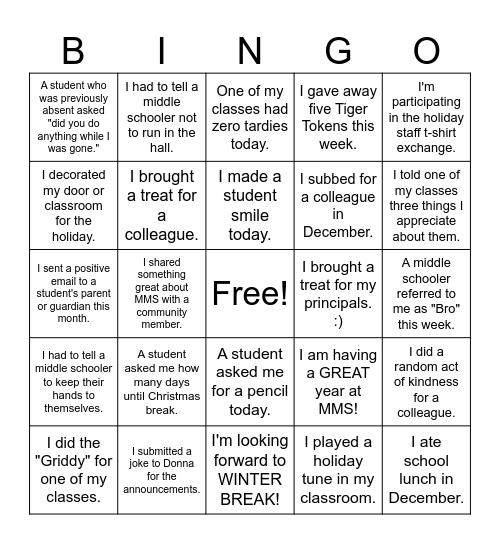 MMS Holiday Bingo      Name:                         A Bingo Card