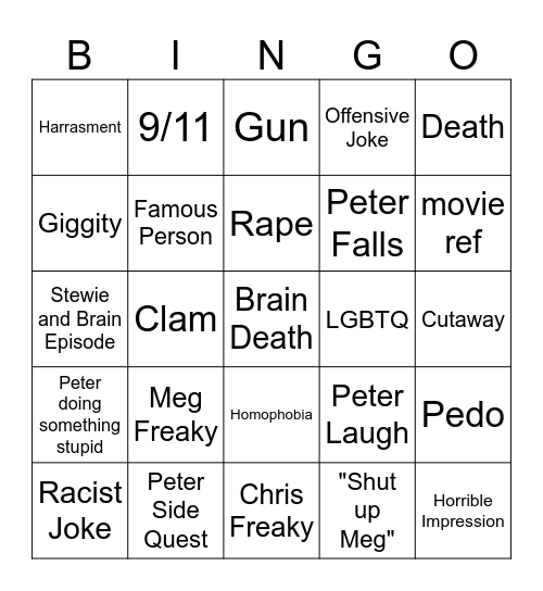 Family Guy Bingo Card