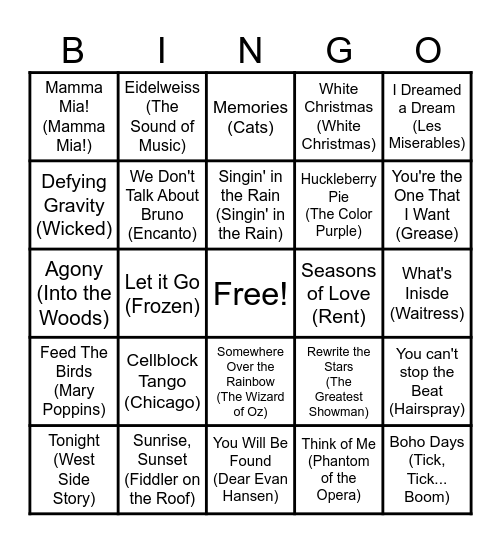 Musical Bingo Card