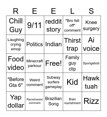 Instagram reels bingo Card