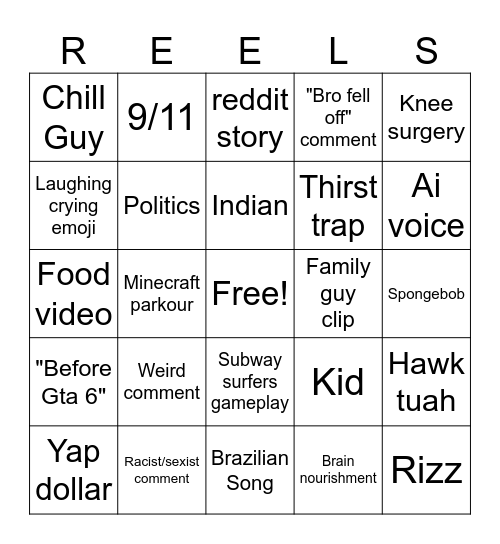 Instagram reels bingo Card