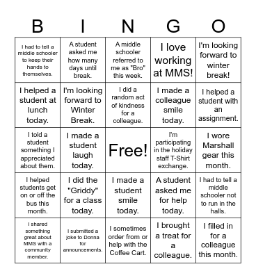MMS Holiday Bingo 2 Bingo Card