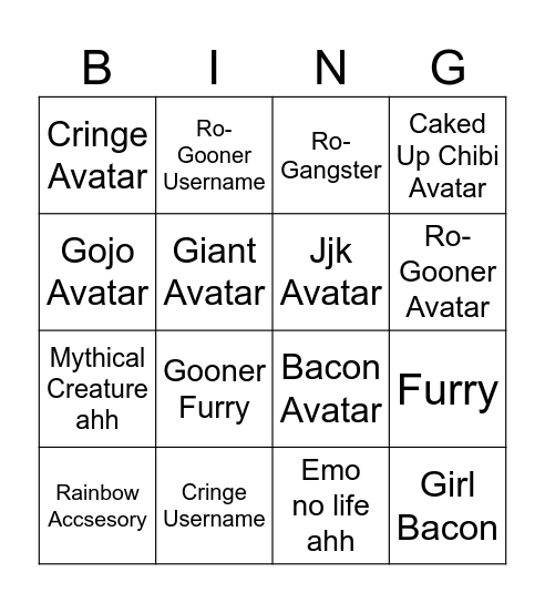 Roblox Avi Bingo Card