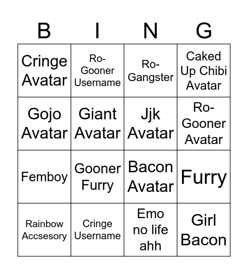 Roblox Avi Bingo Card