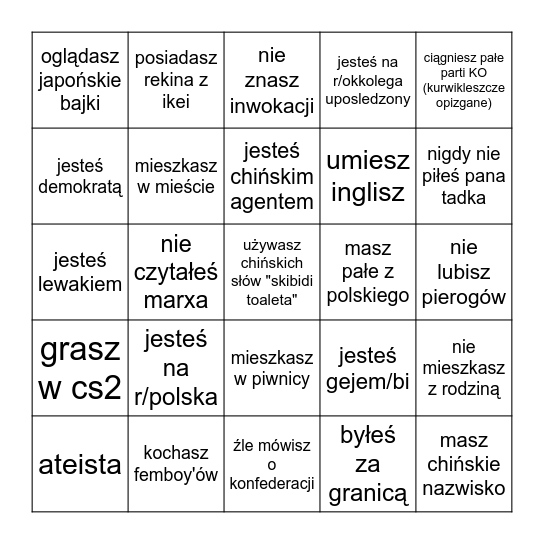 test na chińskiego agenta Bingo Card