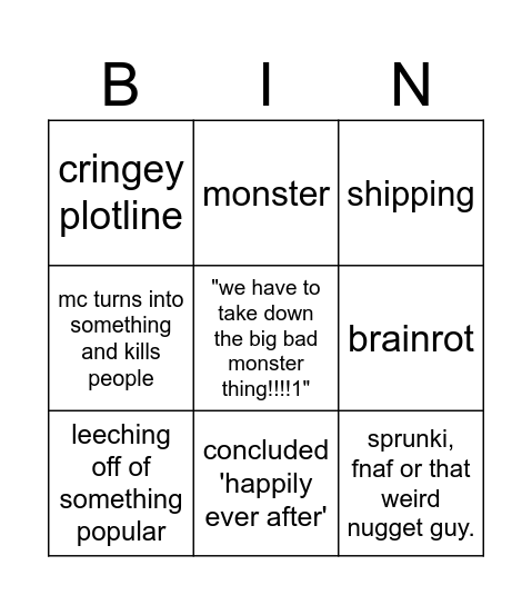 YT Kids Cringe Bingo Card