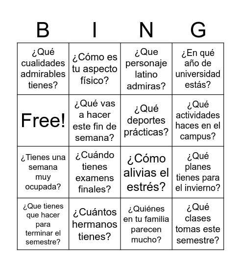 SPAN 101 - Final Bingo Card