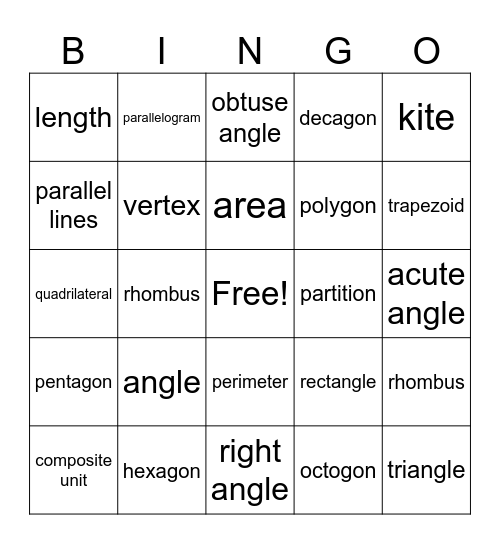 Geometry Vocabulary Bingo Card