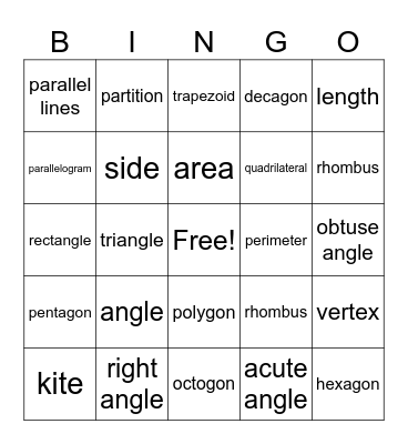 Geometry Vocabulary Bingo Card