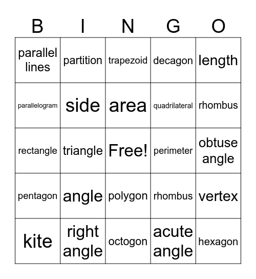 Geometry Vocabulary Bingo Card