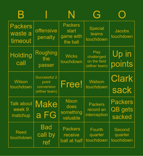 Week 14 VS Lions Bingo Card