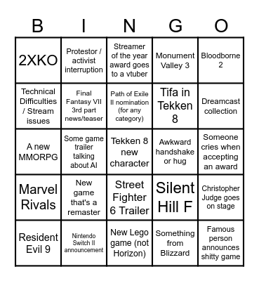 The Game Awards 2024 Bingo Card