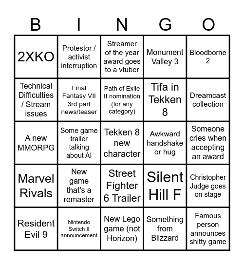 The Game Awards 2024 Bingo Card