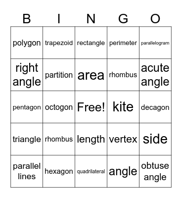 Geometry Vocabulary Bingo Card