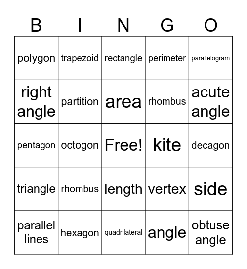 Geometry Vocabulary Bingo Card