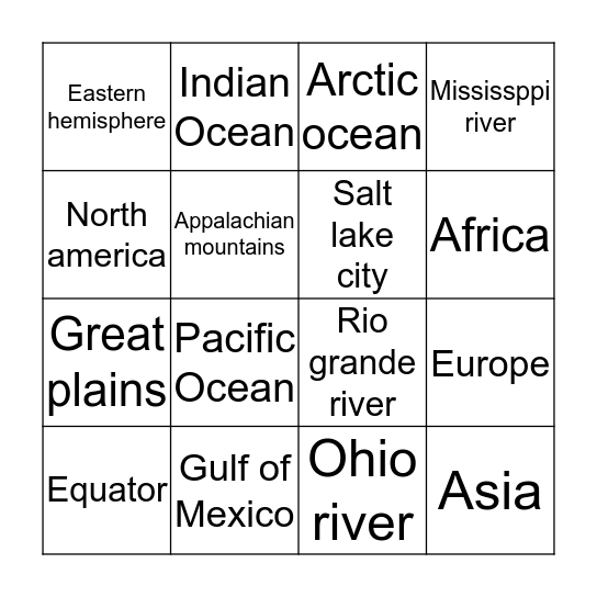 Geography bingo Card