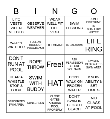 WATER SAFETY BINGO Card