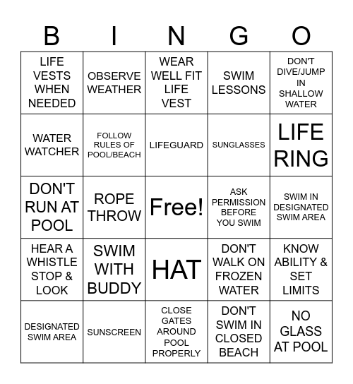 WATER SAFETY BINGO Card