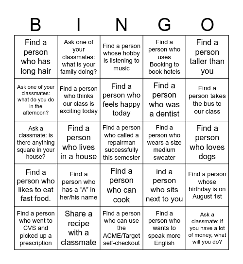 Let's review! Bingo Card