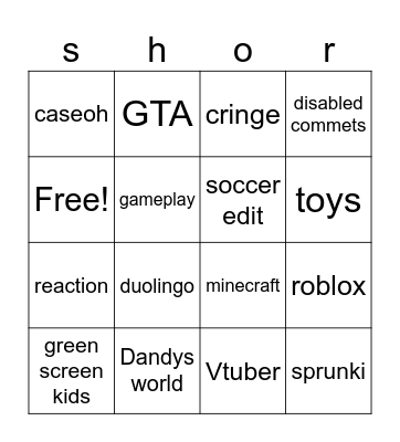 Shorts bingo 2 Bingo Card