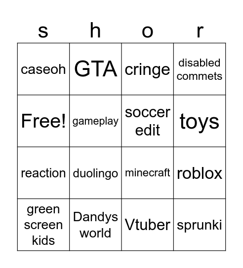 Shorts bingo 2 Bingo Card