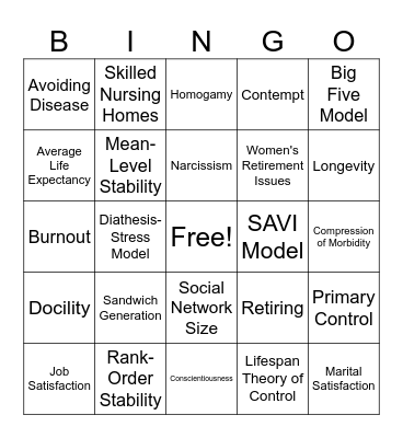 HDFS 312 Final Exam Review Bingo Card