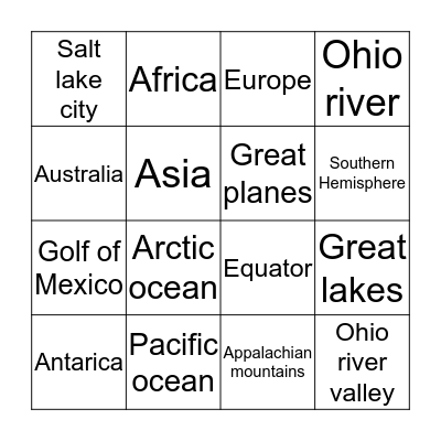 Geography bingo Card