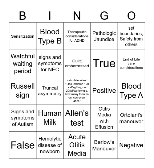 Peds Final Bingo Card