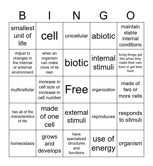 Characteristics of Life Bingo Card