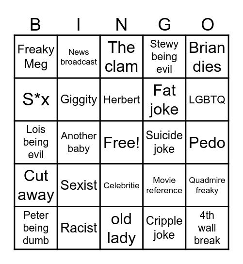 Family guy Bingo Card