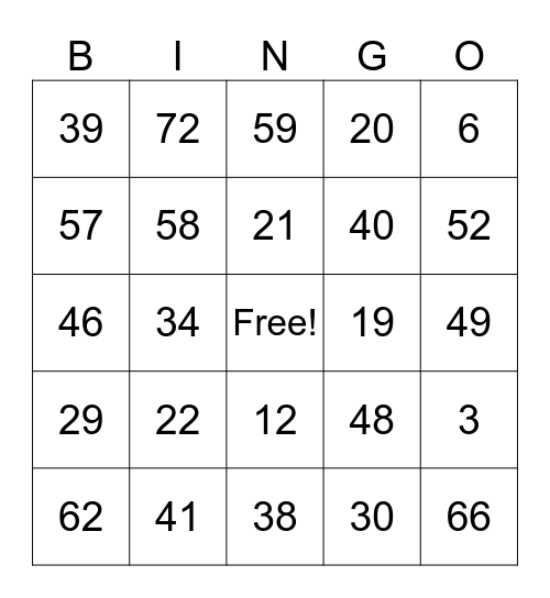 Bingo 1-75 Bingo Card