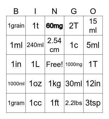 Math Conversions Nursing Bingo Card