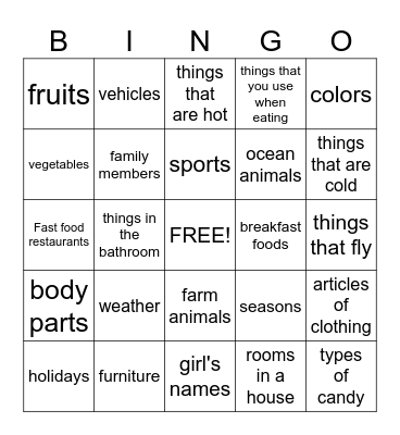 Categories Bingo Card