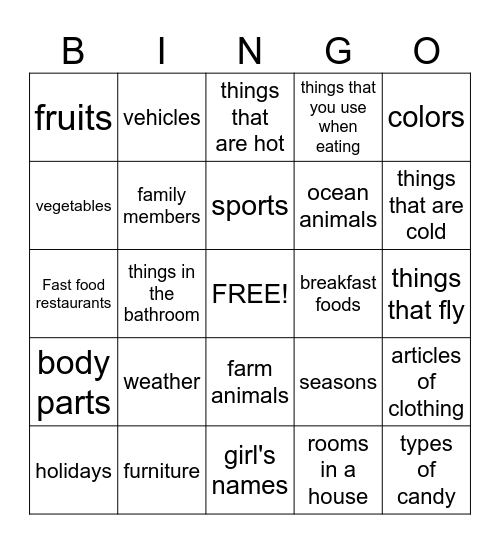 Categories Bingo Card