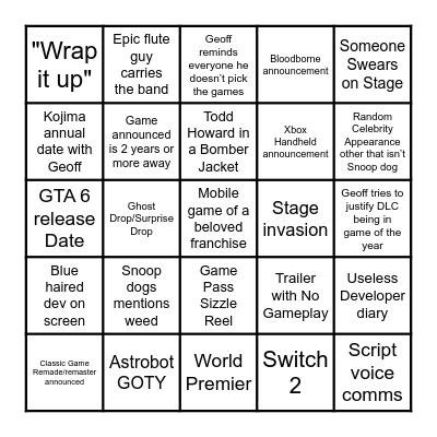 Game Awards 2024 Bingo Card