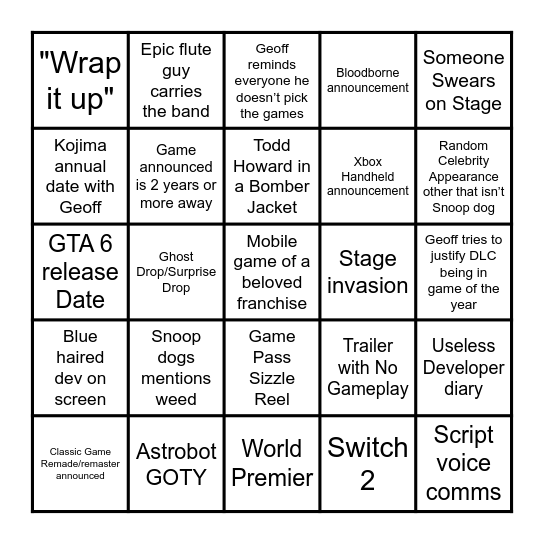 Game Awards 2024 Bingo Card