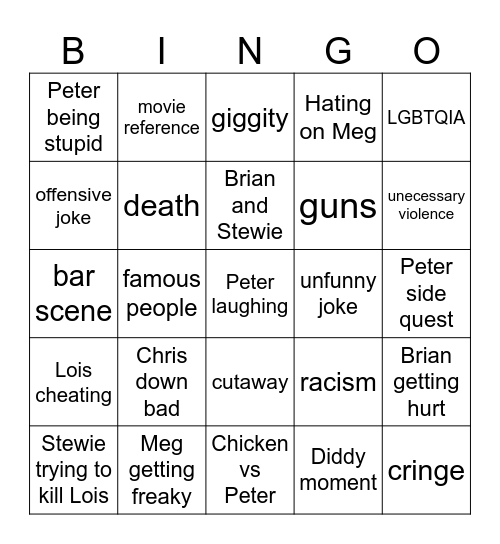 Family Guy Bingo Card