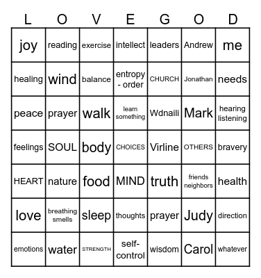 Greatest Commandment Bingo Card