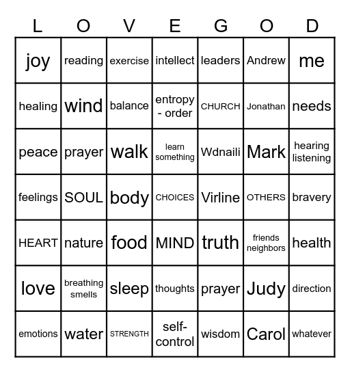 Greatest Commandment Bingo Card
