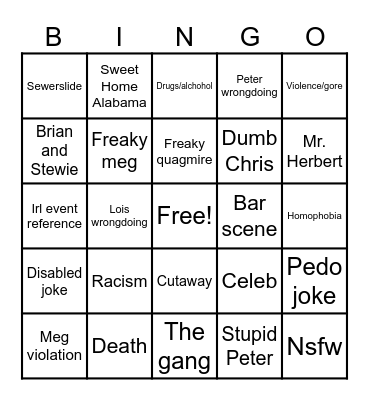 Family guy bingo Card