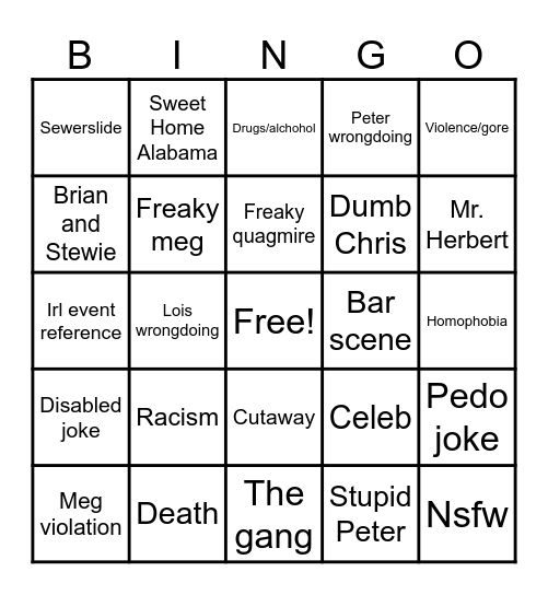 Family guy bingo Card