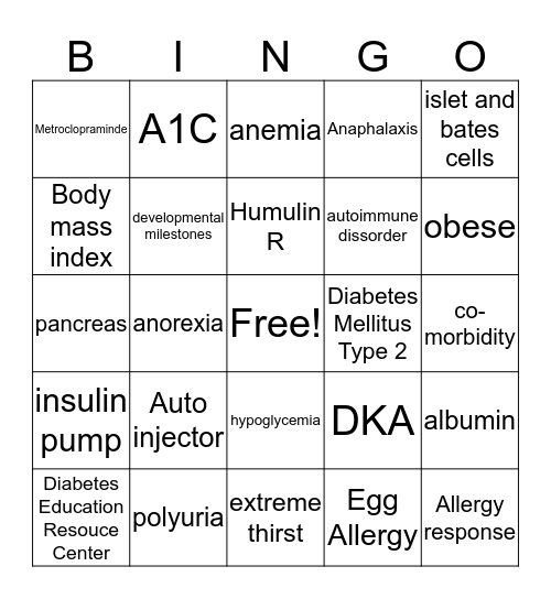 Pediatric Nutrition BINGO Card