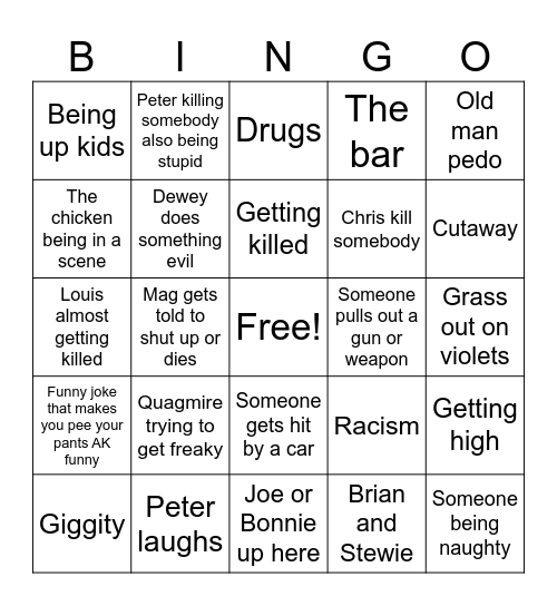 Family Guy bingo Card